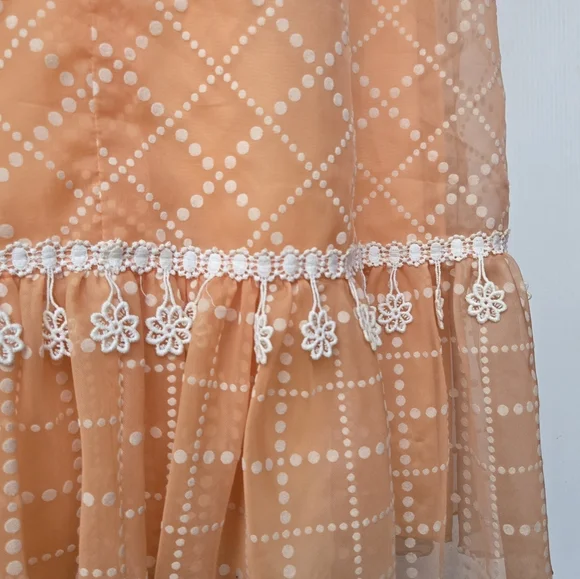 Vintage Bridgerton Puff Sleeve Orange Cream Bow Back Crochet Fringe Dress, XS/S - Picture 5 of 12
